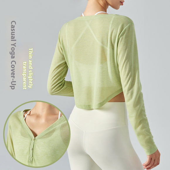 Blusa Yoga Suelta Cuello V Manga Larga con Efecto Drapeado