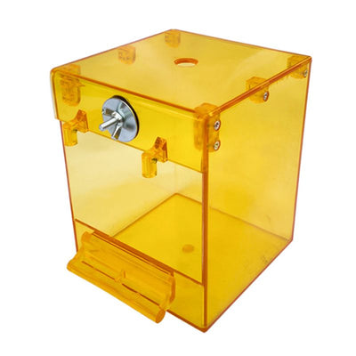 Transparent yellow square bird bath with a front perch and metal attachment for external cage mounting. - Image 14