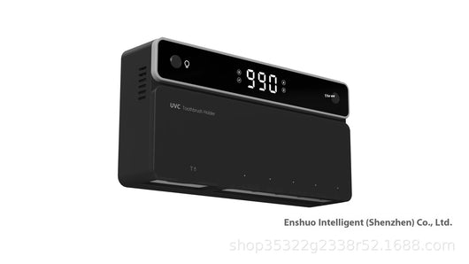 Black wall-mounted UVC toothbrush sterilizer with digital display, holding one manual and three electric toothbrushes. - Image 5