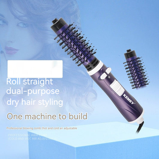 Purple and black hot air brush with a round barrel and bristles for curling or straightening hair.