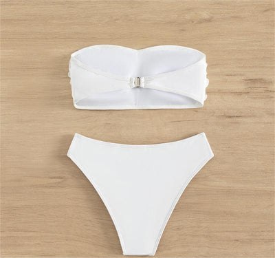 White tube top bikini swimsuit with 3D floral appliques and high-waisted bottom, modeled on a person. - Image 4