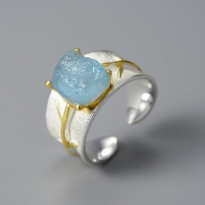 Anillo de Plata 925 con Aguamarina y Hoja para Mujer
