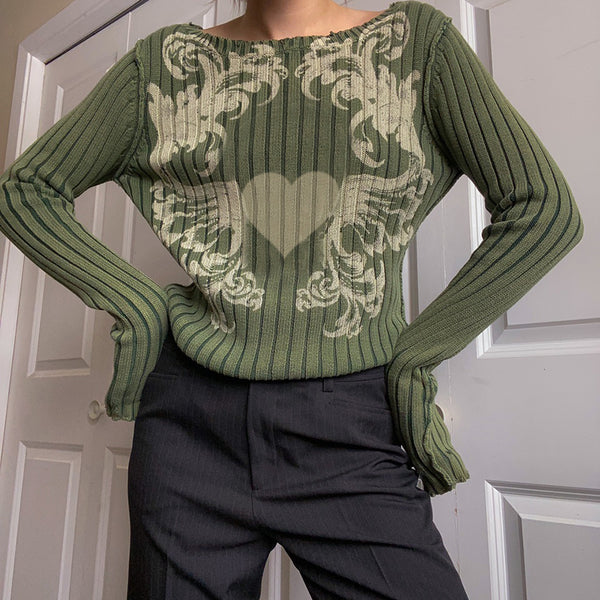 Suéter Vintage con Estampado Verde Claro Manga Larga