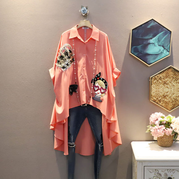 Blusa Asimétrica con Parches de Lentejuelas - Manga Corta