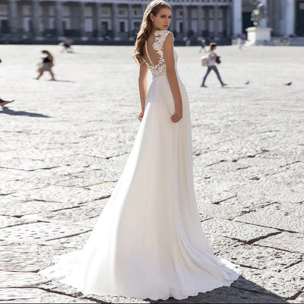Vestido de Novia Línea A Gasa con Cuello en V y Mangas Largas
