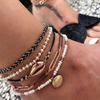 Juego de 5 Pulseras Tobilleras Trenzadas Multicapa