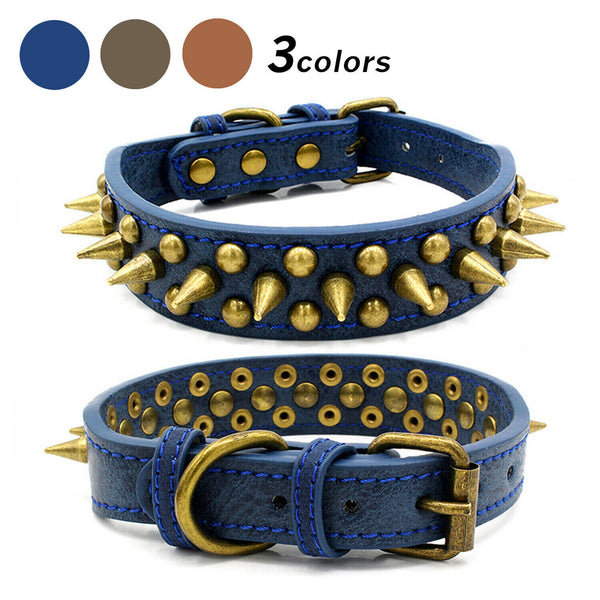Collar de Cuero para Perros Grandes con Tachuelas y Remaches - Pit Bull S-XL