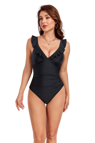 Black one-piece swimsuit with a V-neck, ruffled shoulder straps, and ruched detailing on the torso. - Image 9
