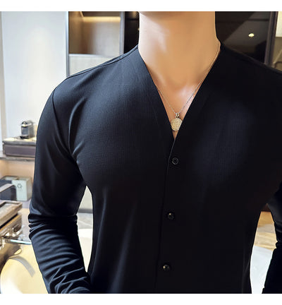 Camisa de Cuello V Manga Larga con Textura Waffle para Hombre - Image 38