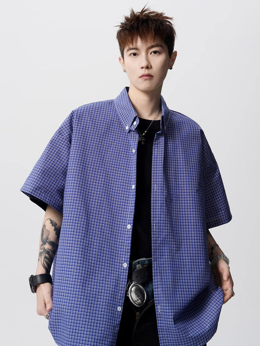 Camisa Preppy de Cuadros Azul Retro Americana de Manga Corta para Hombre - Image 14