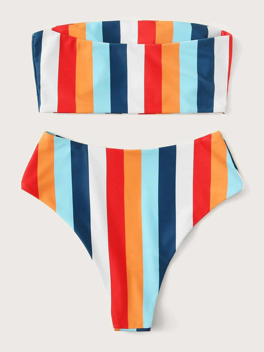 Bikini Arcoíris de Rayas con Estampado en el Pecho y Cintura Alta Abierto - Image 9