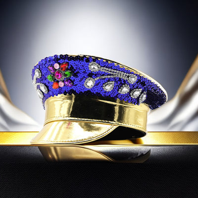Gorra Azul Marino con Coronas de Diamantes y Cuero