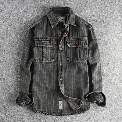 Camisa Denim Retro Británica a Rayas Negras y Grises para Hombre - Image 21