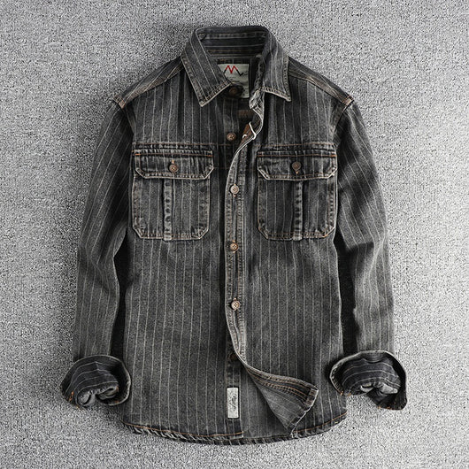 Camisa Denim Retro Británica a Rayas Negras y Grises para Hombre - Image 21