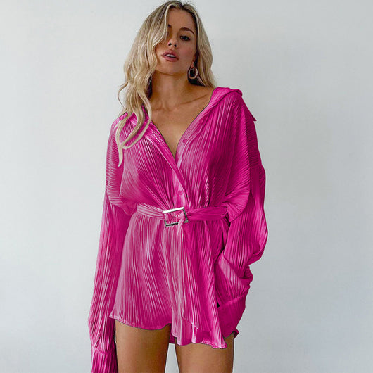 Vestido Camisero Plisado para Mujer - Manga Larga Versátil - Image 17