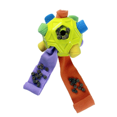 Purple hollow-out pet dog toy ball with colorful fabric protrusions for biting and smelling activities. - Image 9