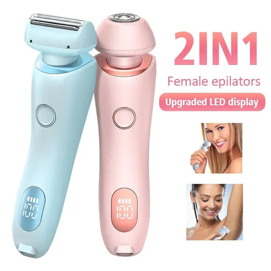 Light blue 2-in-1 electric shaver for women with interchangeable foil and epilator heads, digital display.