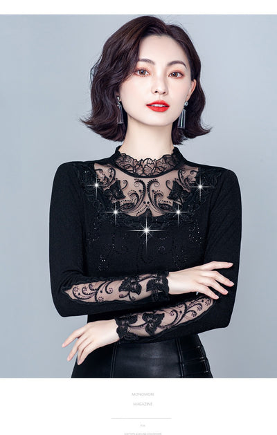 Blusa Cuello Alto con Encaje y Strass - Ajuste Slim para Otoño e Invierno - Image 21