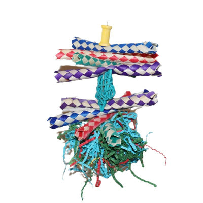 Colorful bird gnawing toy with braided paper strips, shredded paper, and woven balls, hanging from a hook. - Image 5