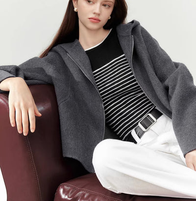 Abrigo Corto de Lana Reversible para Mujer - Gris Elegante - Image 9