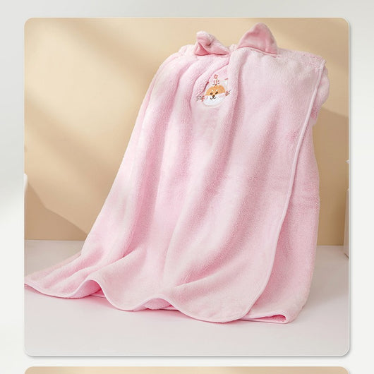 Pink coral fleece bath towel set with cartoon animal faces, including a hooded dry hair cap, a bath skirt, and a headband. - Image 10