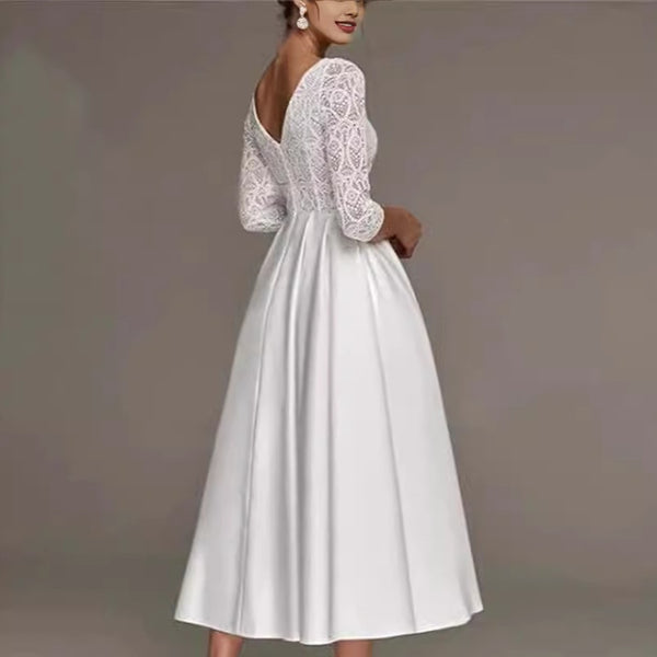 Vestido de Novia Elegante Escote en V Profundo con Encaje y Mangas Largas