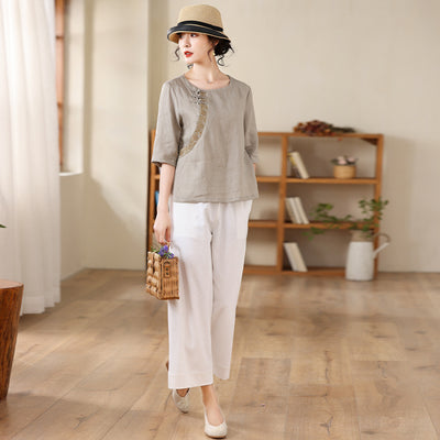 Blusa de Lino Bordada con Cuello Redondo - Image 13