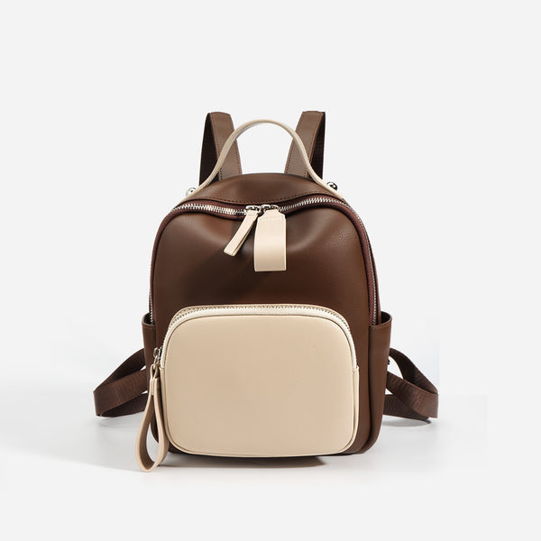 Mochila de Cuero Genuino Retro con Contraste de Colores - Ligera y Versátil para Diario