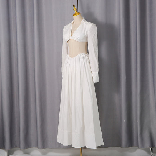 Conjunto Elegante de Dos Piezas: Blusa Corta Manga Larga con Escote Calado y Falda Maxi Cintura Alta - Image 4