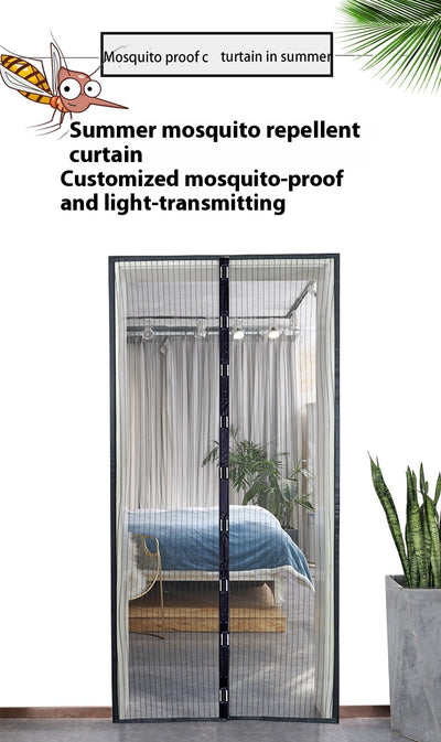 Black magnetic mosquito-proof curtain installed in a white doorway, with a puppy sitting in front of it. - Image 13