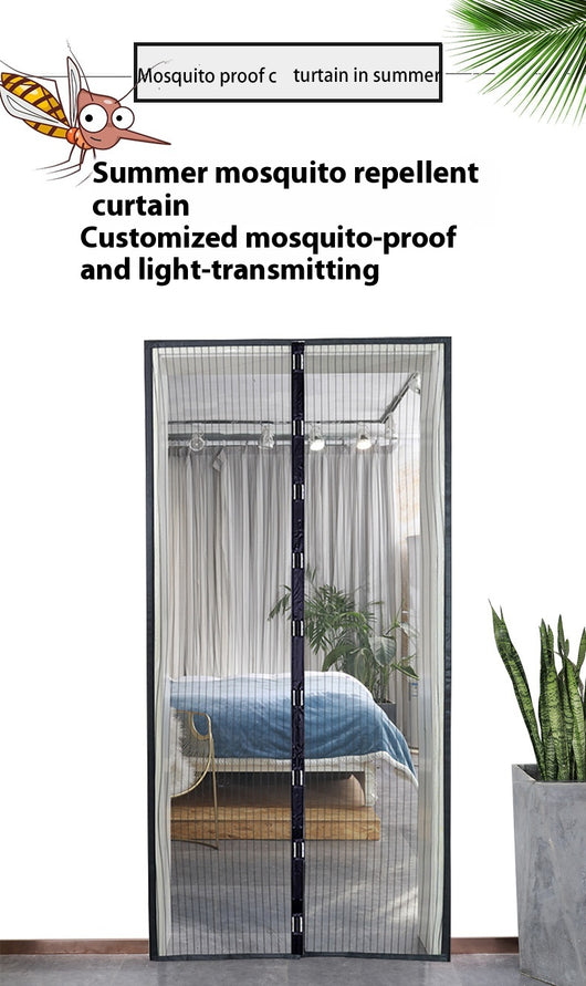 Black magnetic mosquito-proof curtain installed in a white doorway, with a puppy sitting in front of it. - Image 13