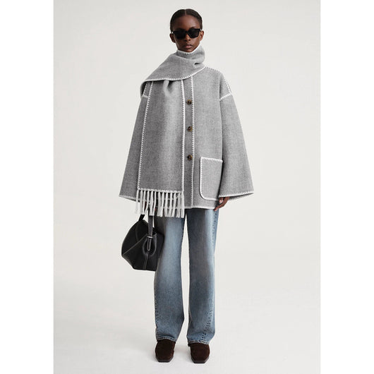 Abrigo de Lana Suelto con Cuello Bufanda de Borlas para Otoño e Invierno - Image 10