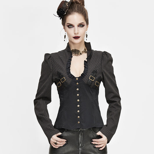 Camisa Vintage Patchwork con Cuello Parado Slim para Mujer