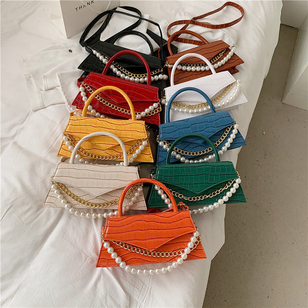 Bolso Cuadrado Pequeño con Patrón Retro y Perla, Bandolera de Moda