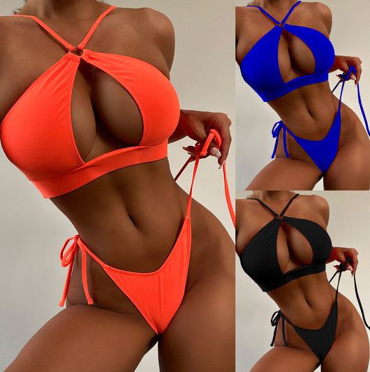 Solid neon orange string bikini with a halter top featuring a keyhole cutout and tie-side bottoms. - Image 28