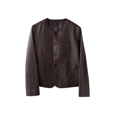 Chaqueta Corta de Cuero Genuino para Mujer - Cuello Redondo en Piel de Borrego - Image 5