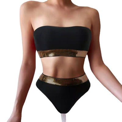Black bandeau bikini with gold striped trim and matching high-waisted bottoms on a white surface. - Image 4