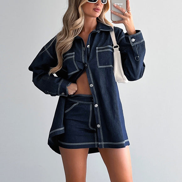 Conjunto Retro Denim: Chaqueta y Falda Corta Casual para Mujer