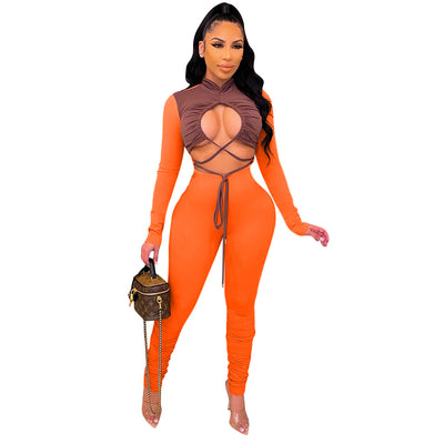 Jumpsuit Elegante de Manga Larga con Detalles Calados y Combinación de Colores - Image 9