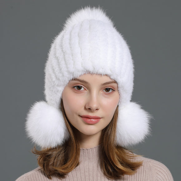 Gorro Coreano con Pompón de Piel de Zorro para Mujer
