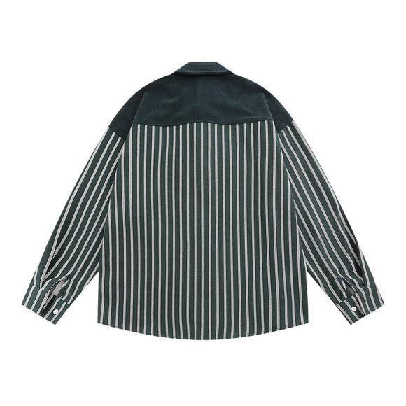Camisa Casual de Manga Larga con Rayas Verticales y Bolsillo Contraste