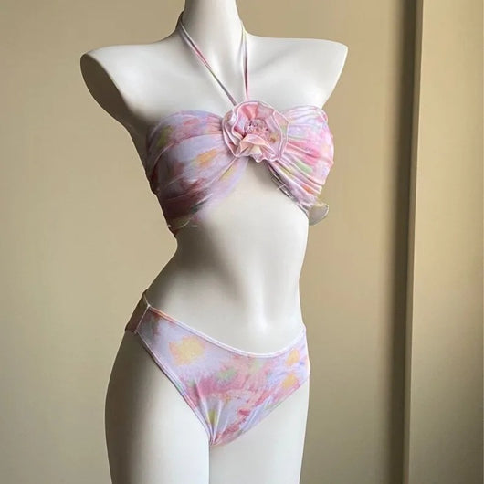 Women's floral split skirt-style swimsuit bikini three-piece suit with halter top and sheer wrap skirt. - Image 10