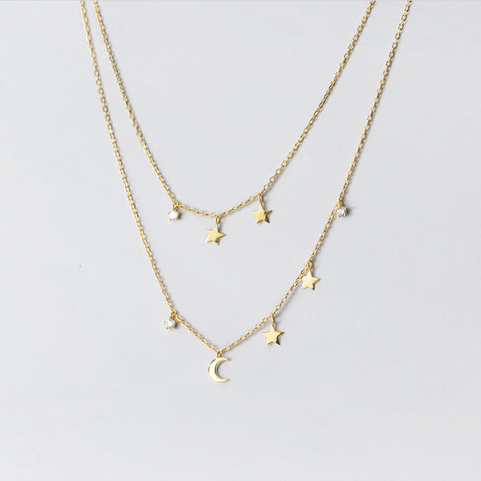 Collar Doble Capa de Estrella y Luna con Diamantes - Elegancia Femenina - Image 5