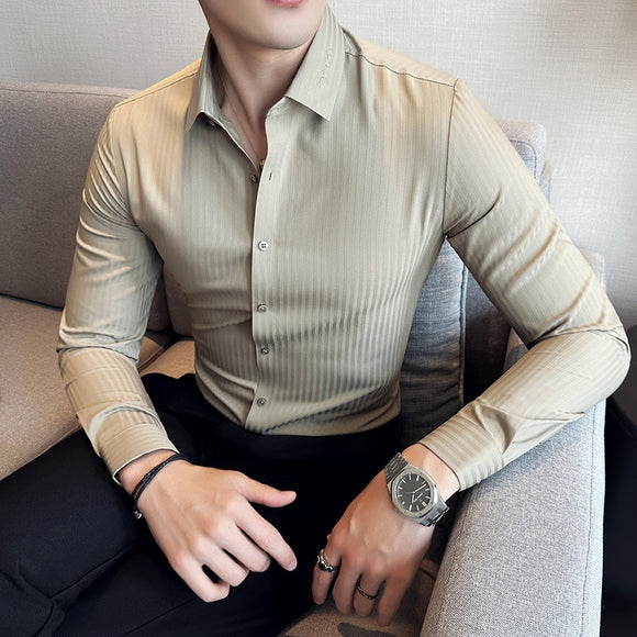 Camisa Hombre Manga Larga Rayas Oscuras Sin Costuras