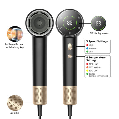 Black and gold high-power hair dryer with digital display, concentrator, and diffuser nozzles. - Image 22