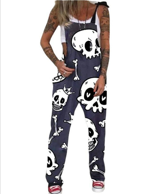Overol Casual para Mujer con Estampado de Calavera y Crisantemo - Image 2