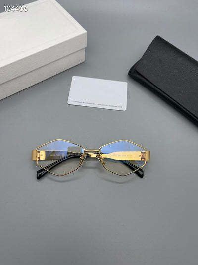 Gold metal polygon sunglasses with dark lenses, displayed with a white authenticity card and black case. - Image 13