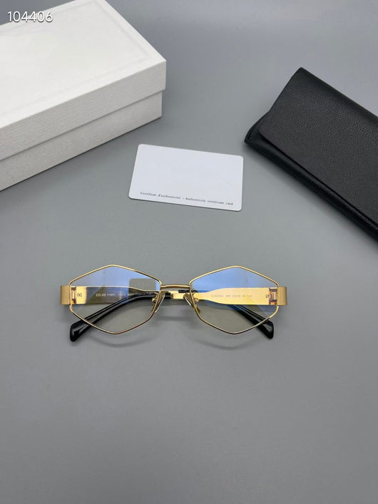 Gold metal polygon sunglasses with dark lenses, displayed with a white authenticity card and black case. - Image 13