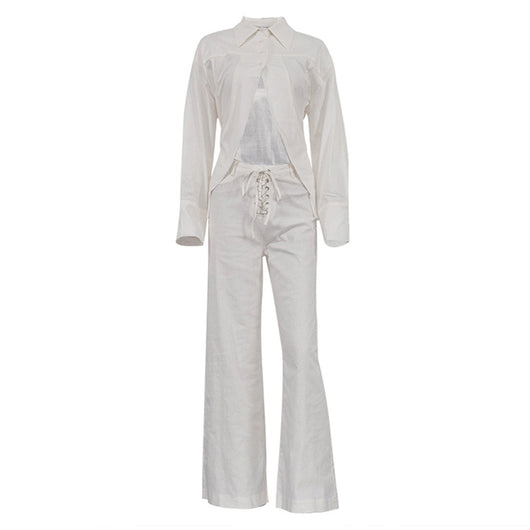 Conjunto Dos Piezas: Blusa Blanca Cropped con Cuello Solapa y Pantalón Ancho Calado con Amarre - Image 5