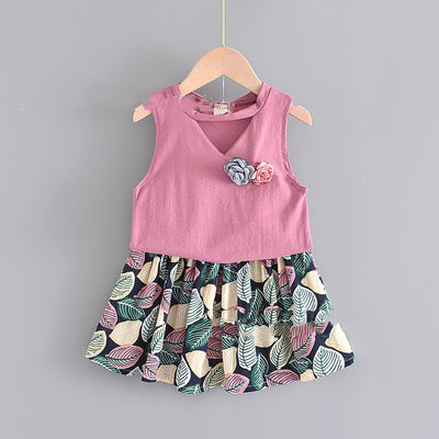 Conjunto Infantil Blusa Floral sin Mangas + Falda Estampado Hojas - Image 10